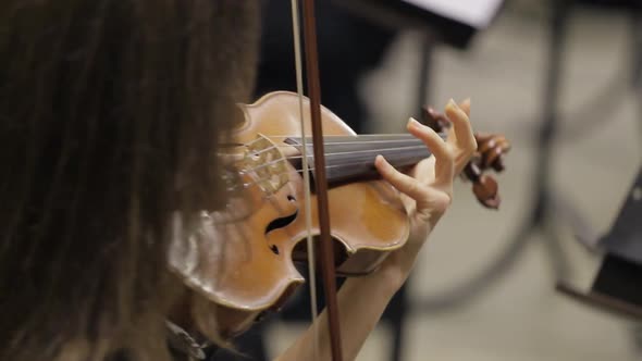  female violinist is playing violins during mçusical concert on classic theatre stage