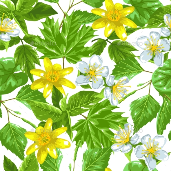 Spring Green Leaves and Flowers. Seamless Pattern - Flowers & Plants Nature