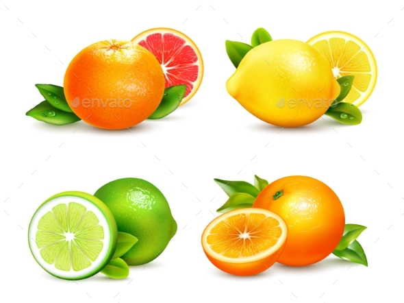 Citrus Fruits  4 Realistic Icons Set