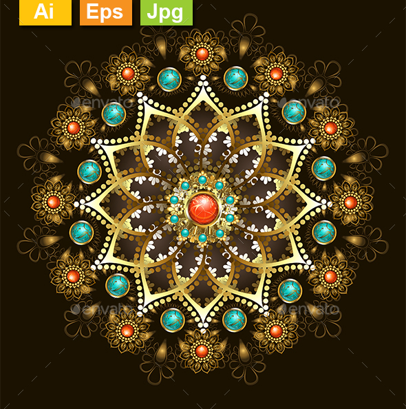 Golden Mandala with Turquoise - Decorative Symbols Decorative