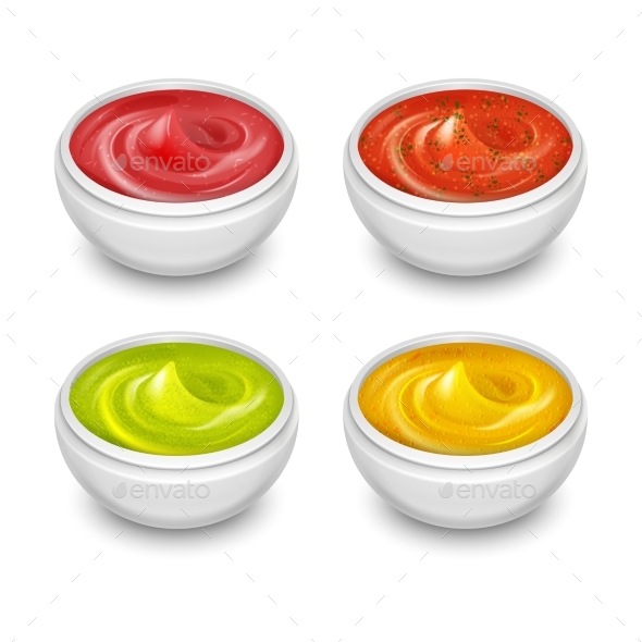 Different Gourmet Sauces, Mustard, Ketchup, Soy - Objects Vectors