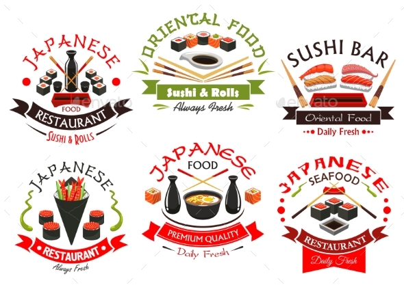Japanese Cuisine Seafood Signs, Emblems Set - Food Objects