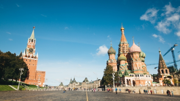 St. Basils Cathedral and Kremlin Tower From Red Square Hyperlapse in Moscow, Russia alt