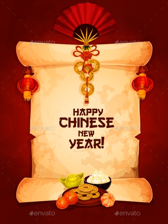 Chinese New Year Greeting Card on Paper Scroll - Miscellaneous Seasons/Holidays