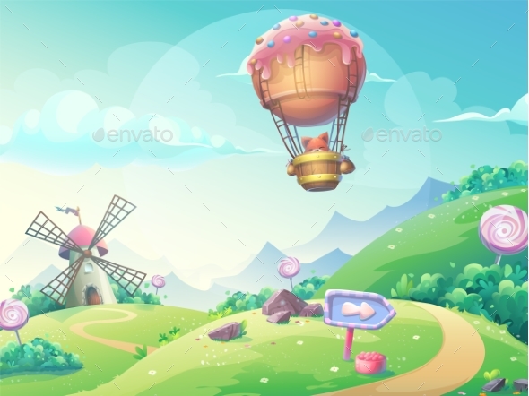 Vector Illustration Landscape with Fox in Blimp - Landscapes Nature