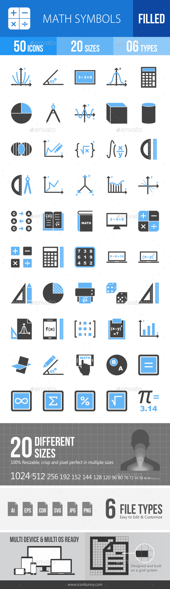 Math Symbols Blue & Black Icons - Icons