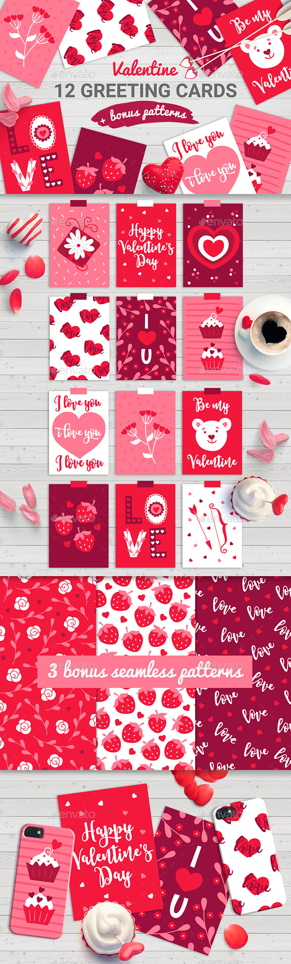 12 Valentine Cards + 3 Seamless Patterns - Valentines Seasons/Holidays
