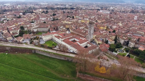 Aerial Shot, Beautiful Panorama of Lucca City, an Ancient Town in the Middle of Tuscany, Italy