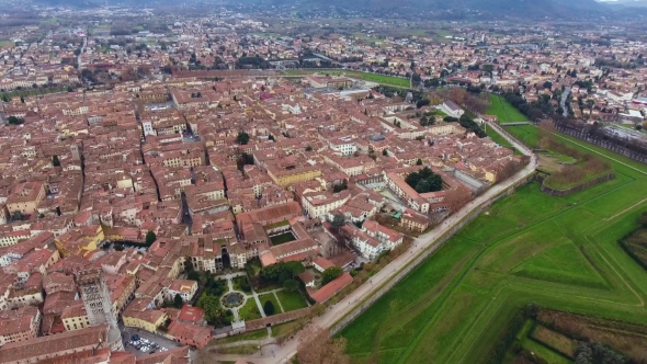 Aerial Shot, Beautiful Panorama of Lucca City, an Ancient Town in the Middle of Tuscany, Italy