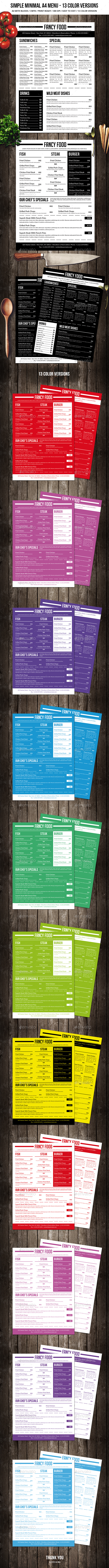 Simple A4 Minimal A4 Menu - 13 Color Versions - Food Menus Print Templates