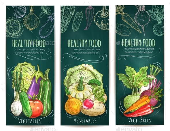 Healthy Vegetables Sketch Banners on Blackboard - Food Objects