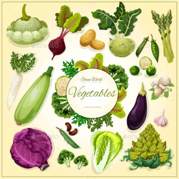 Vegetable, Bean and Mushroom Cartoon Poster - Food Objects