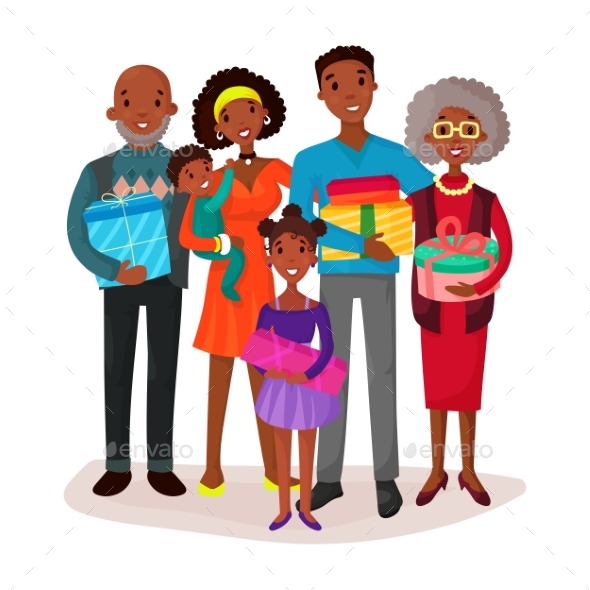 Black Family Holding Children and Gifts or Present - People Characters