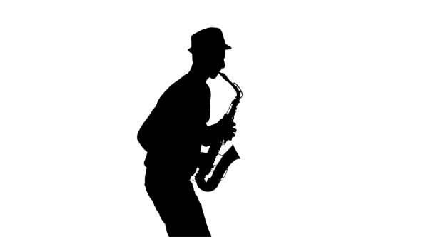 White Background in Studio. Silhouette Jazzman Performs Solo on Saxophone alt
