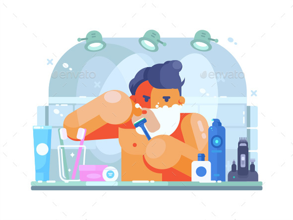 Man in Bathroom Shaves - People Characters