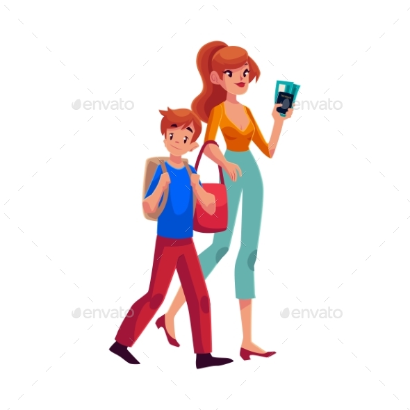 Young Woman Going on Vacation with Her Son - People Characters