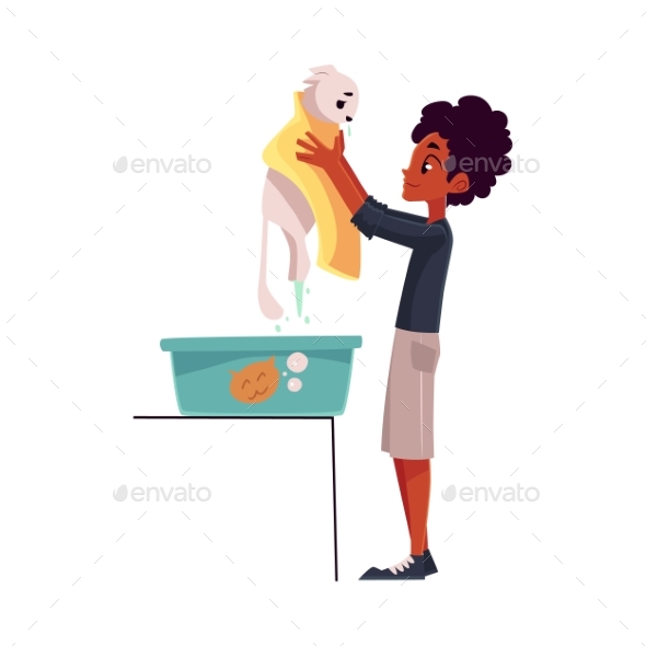 Teenage Boy Bathing White Cat - People Characters