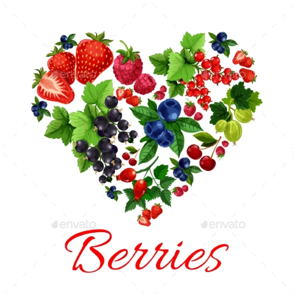 I Love Berries Heart Shape Emblem - Food Objects