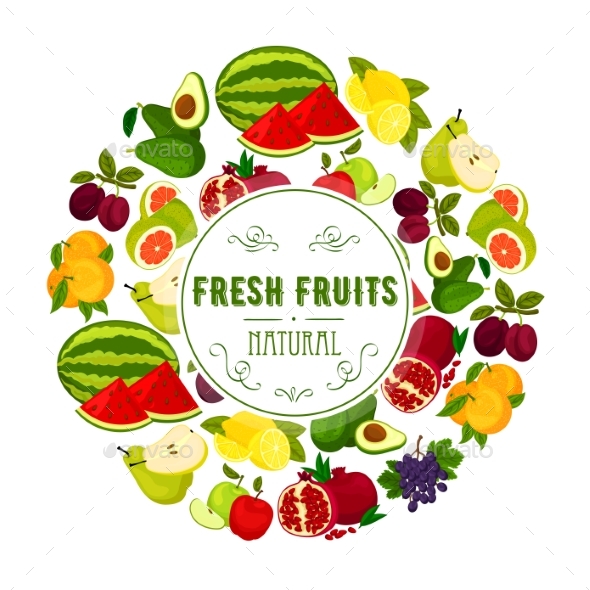 Natural Fresh Fruits Round Label Design - Food Objects