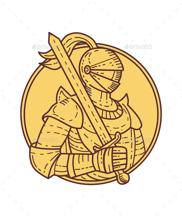 Knight Sword On Shoulder Circle Mono Line - People Characters