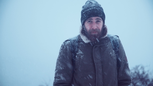 Smiling Man with Beard in Snow, Stock Footage | VideoHive