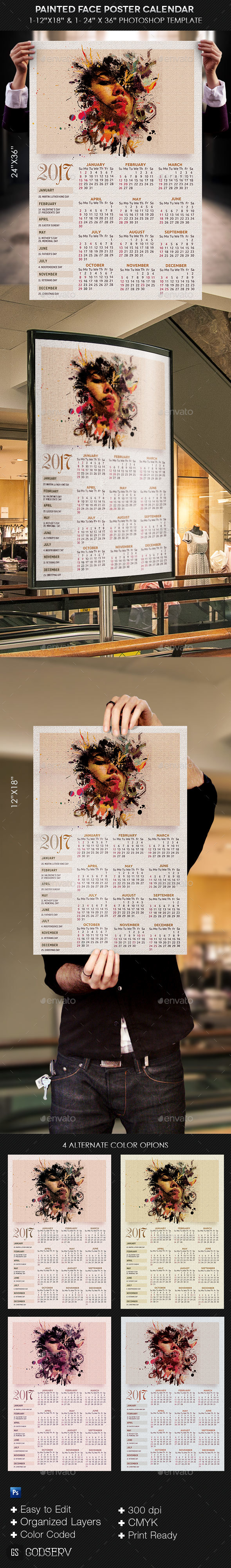Painted Face Poster Calendar Template - Calendars Stationery