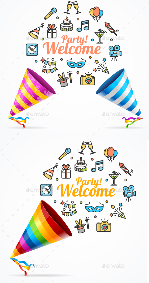 Party Banner Card and Icon Thin Line Set. Vector - Seasons/Holidays Conceptual