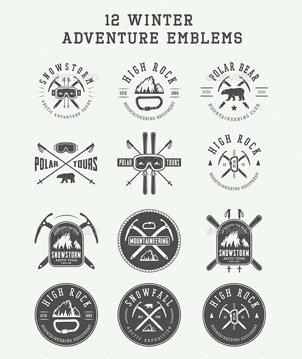 12 Winter Adventure Emblems - Badges & Stickers Web Elements