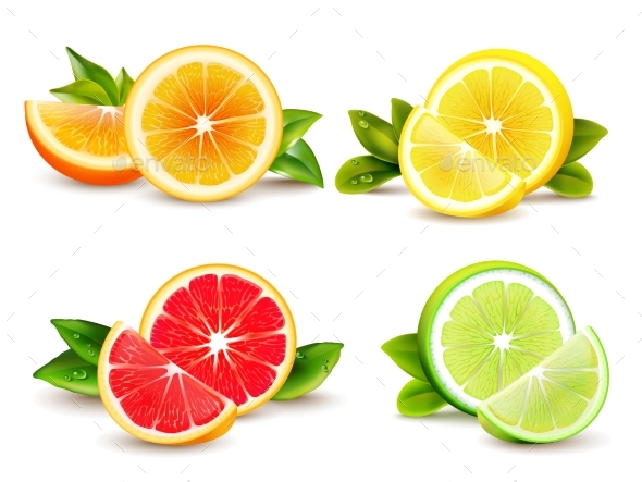 Citrus Fruits  Segments 4 Realistic Icons