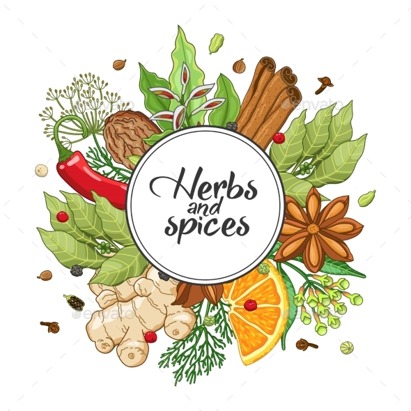 Vector Winter Round Design with Spices and Herbs - Flowers & Plants Nature