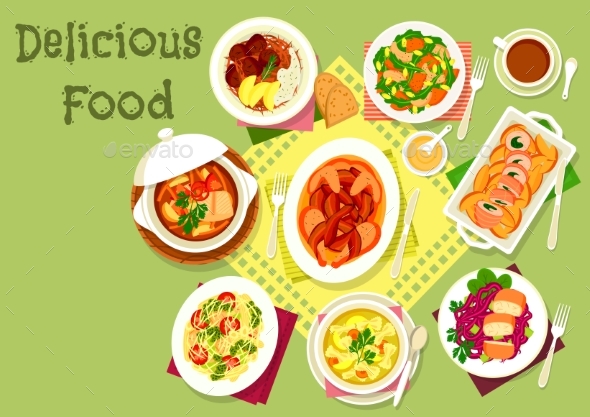 Meat and Fish Dishes with Pasta and Veggies Icon - Food Objects