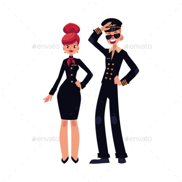 Young Civil Airline Pilot and Stewardess in Black - People Characters