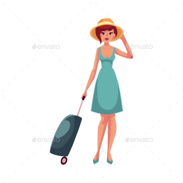 Pretty Woman in Blue Dress with Suitcase - People Characters