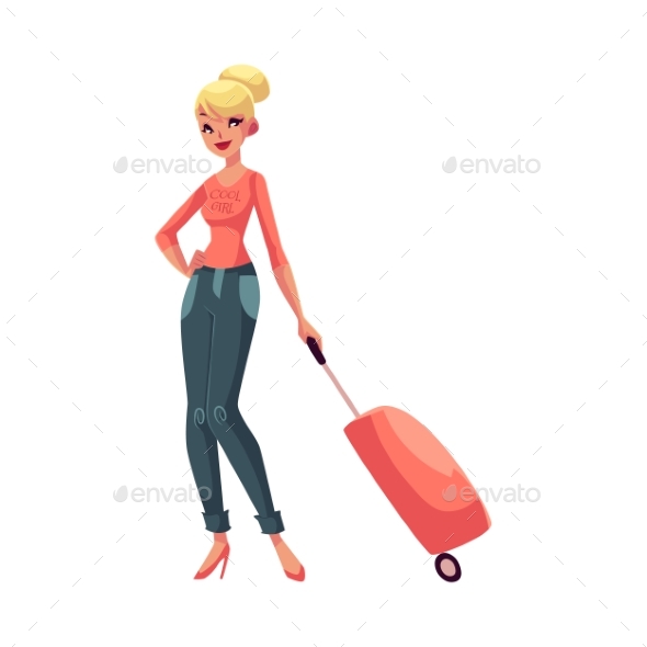 Pretty Blond Woman in Jeans and Heels Travelling - People Characters