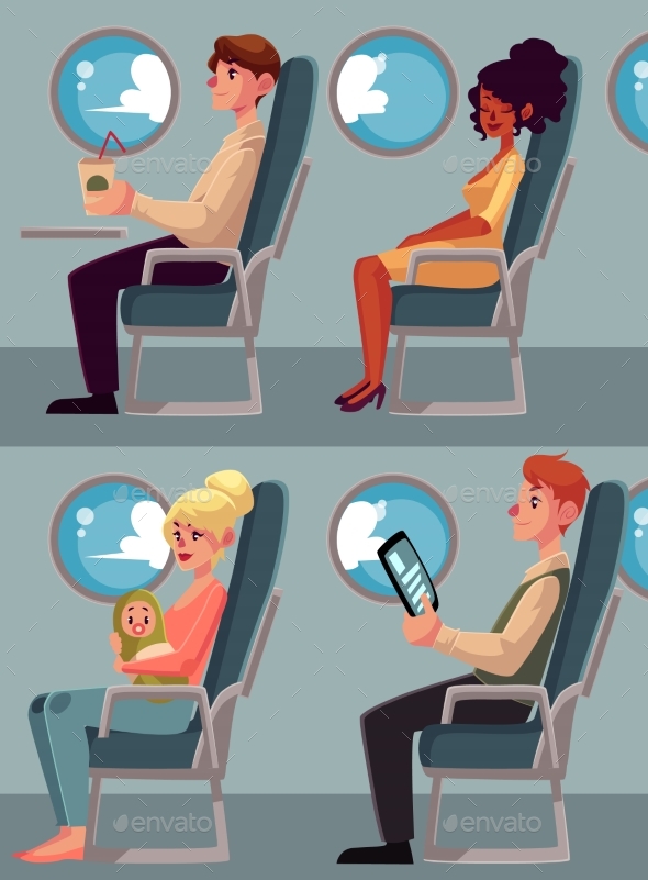 Set of Airplane Passengers Seating in Economy - Travel Conceptual