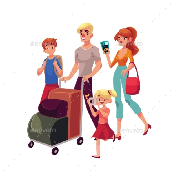 Family of Four Pushing Luggage Cart at Airport - People Characters