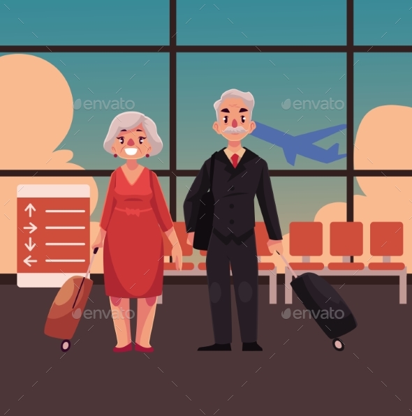 Old Couple with Suitcases in Airport - People Characters