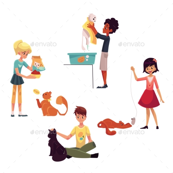 Happy Kids Caring for Cat - People Characters