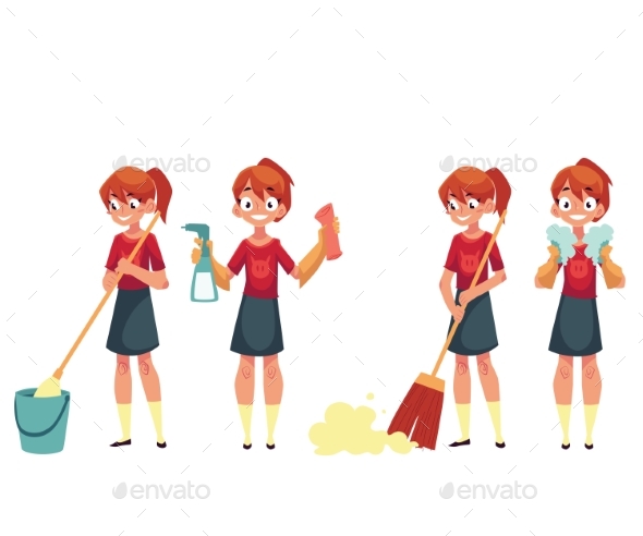 Teenage Girl Cleaning the House Doing Chores - People Characters