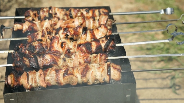 Cooking Delicious Kebabs on Metal Skewers on Coals