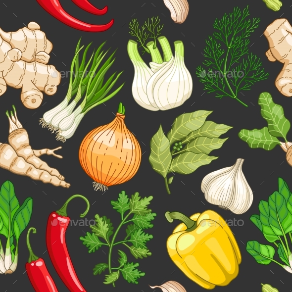 Vector Vegetable Pattern with Herbs on Dark - Flowers & Plants Nature