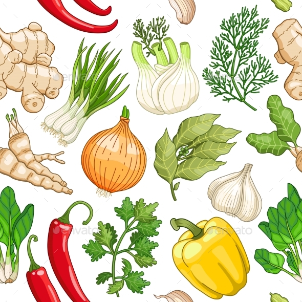 Vector Vegetable Pattern with Herbs on White - Flowers & Plants Nature