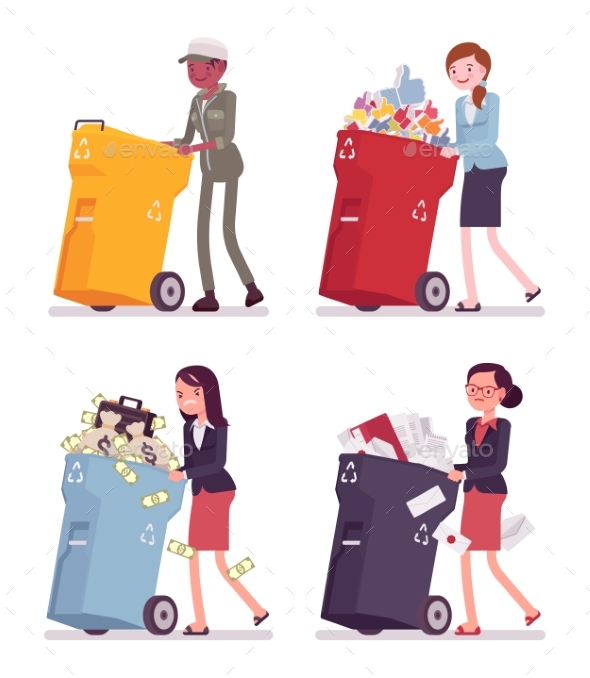 Women Pushing Trash Bins with Likes, Money - People Characters