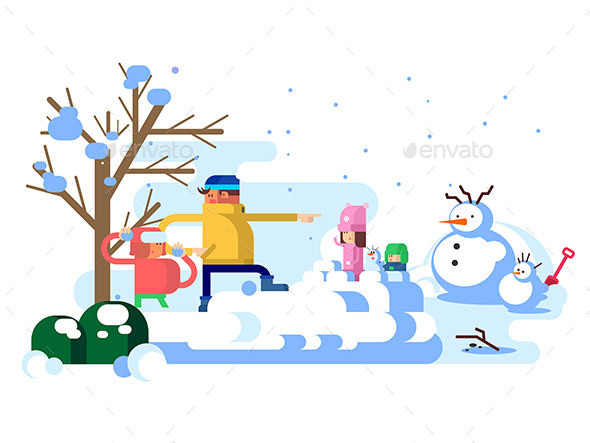 Children Playing Snowballs - People Characters