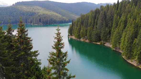 Aerial view of car driving through the forest and the lake on the side. Beautiful mountain road. alt