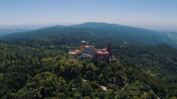 Panoramic view over of Pena Palace and National Park in Sintra,  Portugal 4K