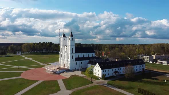 Majestic Aglona Cathedral in Latvia. White Chatolic Church Basilica. Aerial Dron 4K Shot alt