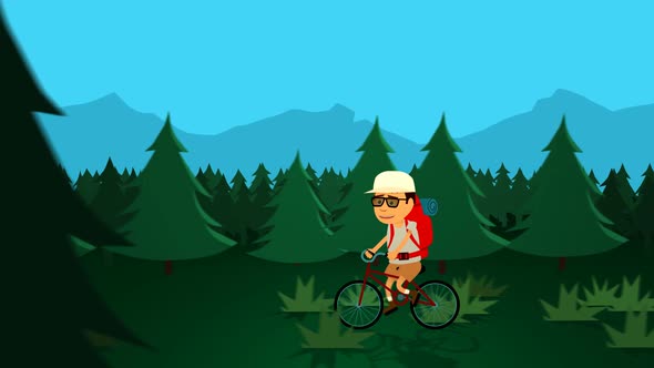 The tourist with the backpack is riding a bicycle in the forest near the camp