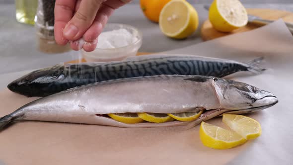 Cooking fish. The chef sprinkles the raw fresh fish with salt. Preparing healthy tasty food.