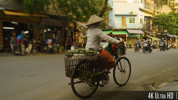 4K Vietnamese Woman Selling Fruit on a Bike in the Streets of Hanoi, Vietnam alt